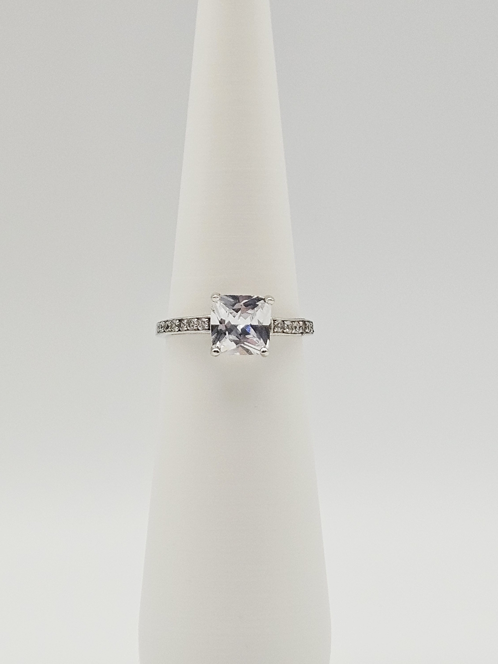 Silver Cubic Zirconia Solitaire Ring with Pave Band